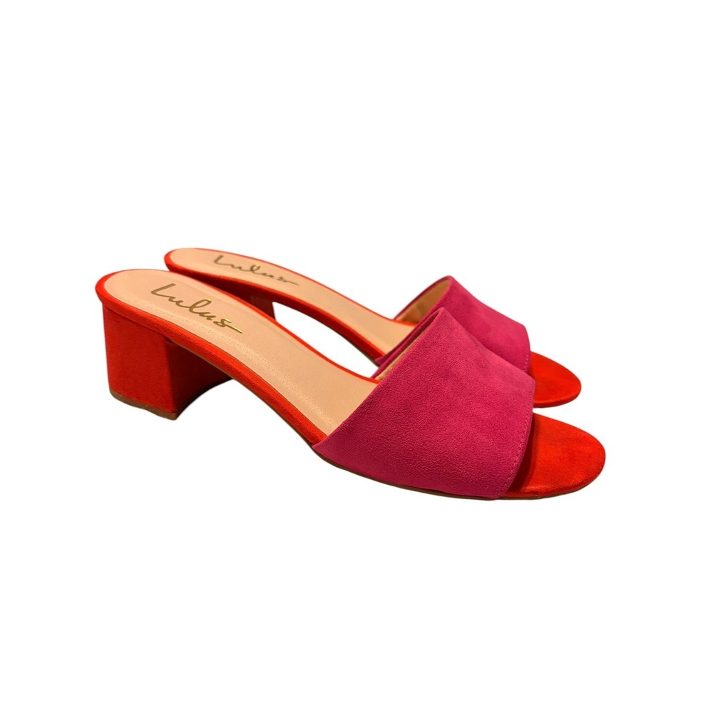 Lulus Jax Sandals Size 8 Red & Fuchsia Faux Suede Block Heels Mules Colorblock